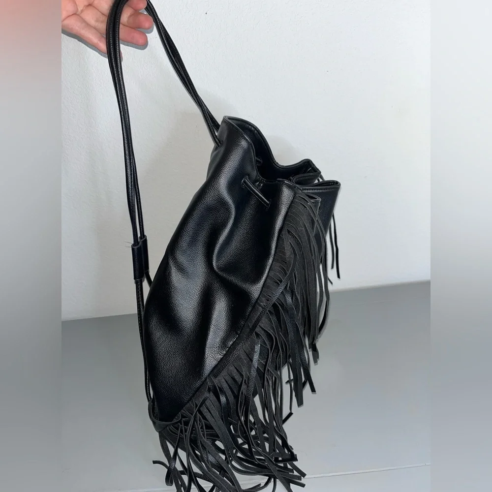 Victoria's Secret Fringe Bucket Bag Drawstring Black Faux Leather Large NWOT - Picture 13 of 16
